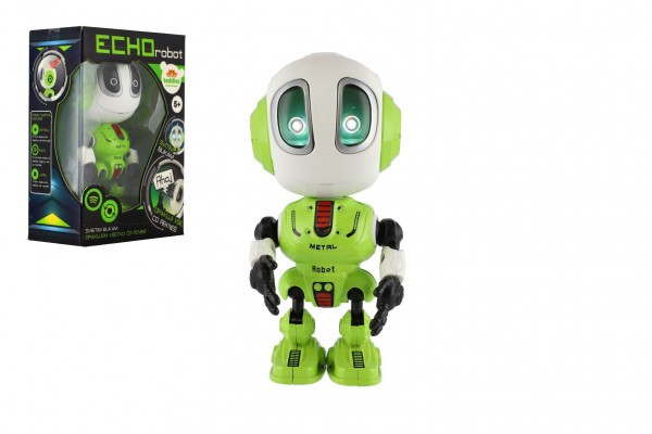 Robot ECHO opakující věty kovový 12cm zelený na baterie se zvukem se světlem v krabičce 10,5x15x5,5cm