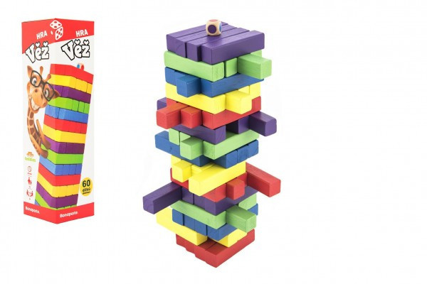 Hra věž Jenga dřevěná 60ks barevných dílků společenská hra hlavolam v krabičce 7,5x27,5x7,5cm