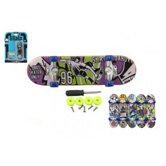 Skateboard prstový šroubovací plast 9cm s doplňky mix barev na kartě 12,5x17x3cm