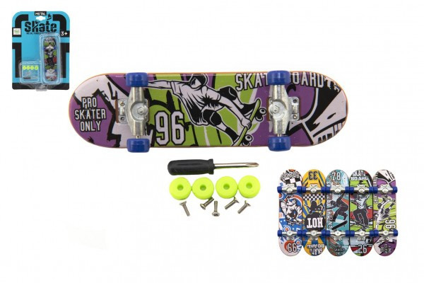 Skateboard prstový šroubovací plast 9cm s doplňky mix barev na kartě 12,5x17x3cm