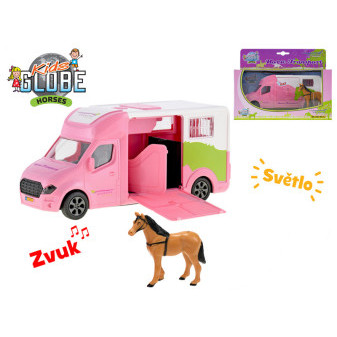 Kids Globe Horses auto přepravní 20cm kov na setrvačník na baterie +světlo/zvuk s koněm