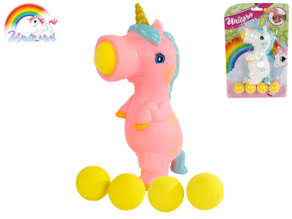 Unicorn střílecí jednorožec 16cm s pěti míčky 2barvy, na kartě