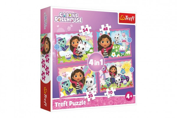 Trefl Puzzle 4v1 Gabbyina dobrodružství Gabby´s Dollhouse 28,5x20,5cm v krabici 28x28x6cm